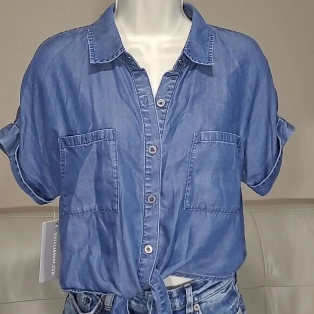 Lyocell WASH LAB Tie Front Shirt W/S Blue NWT WL1432T Short Sleeve - Picture 3 of 10